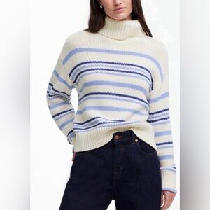 Madewell Blue and Cream Striped Turtleneck Sweater. Size Medium. Lightly worn!